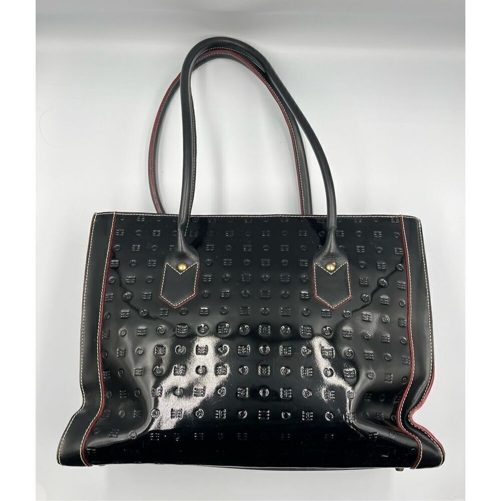 Arcadia Italian Genuine Black Patent Leather Double Handle Rectangle Bag EUC